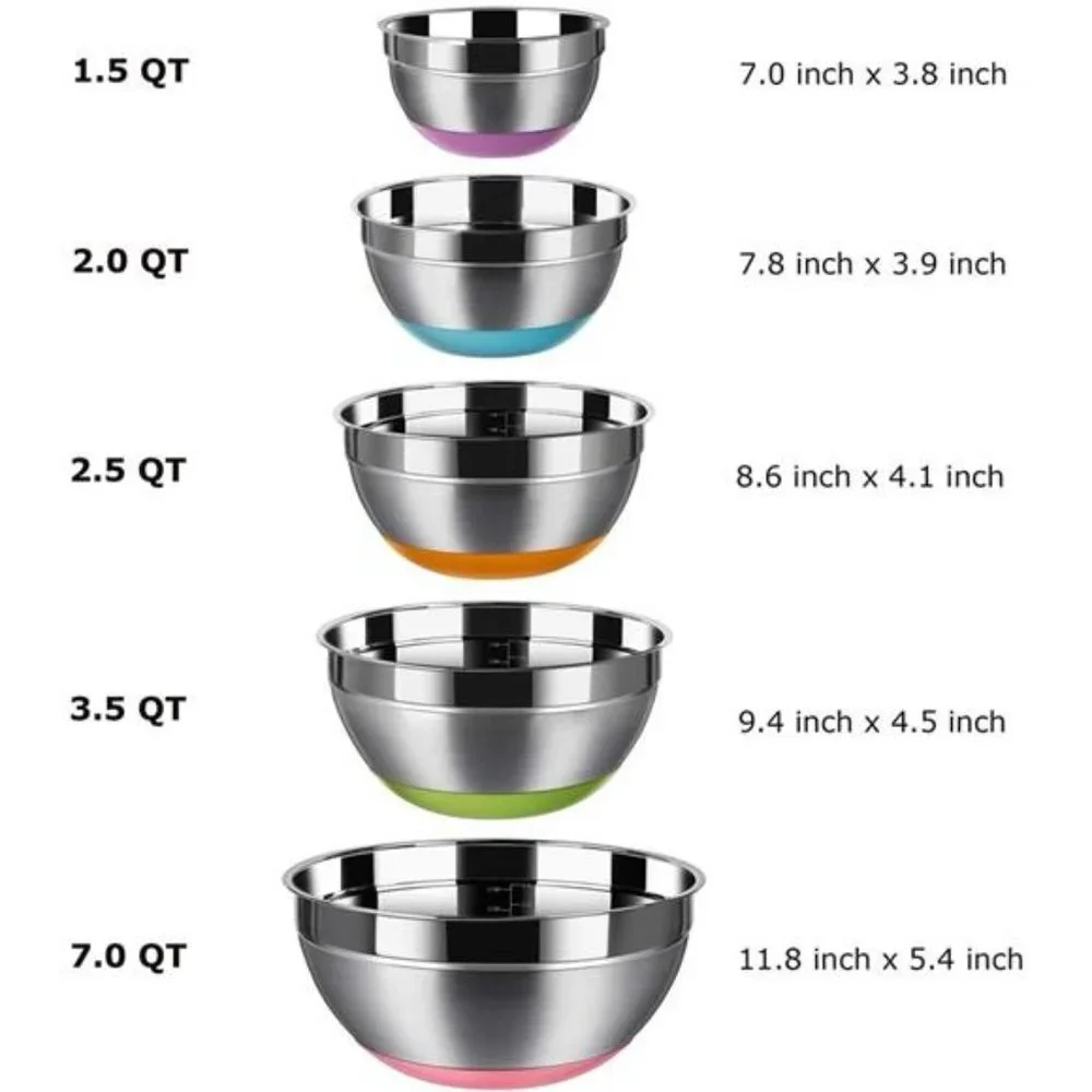 Set of 5 Stainless Steel Mixing Bowls Non Slip Colorful Silicone Bottom